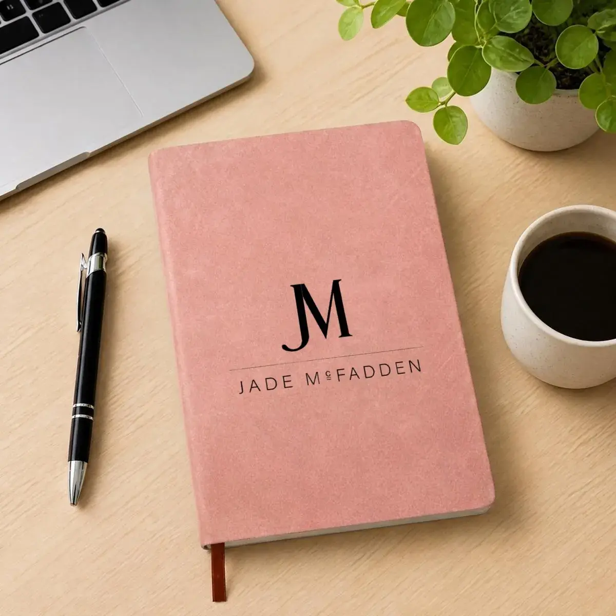 JM COMPANY LOGO VEGAN LEATHER HARDCOVER NOTEBOOK WITH BUILT-IN RIBBON BOOKMARK