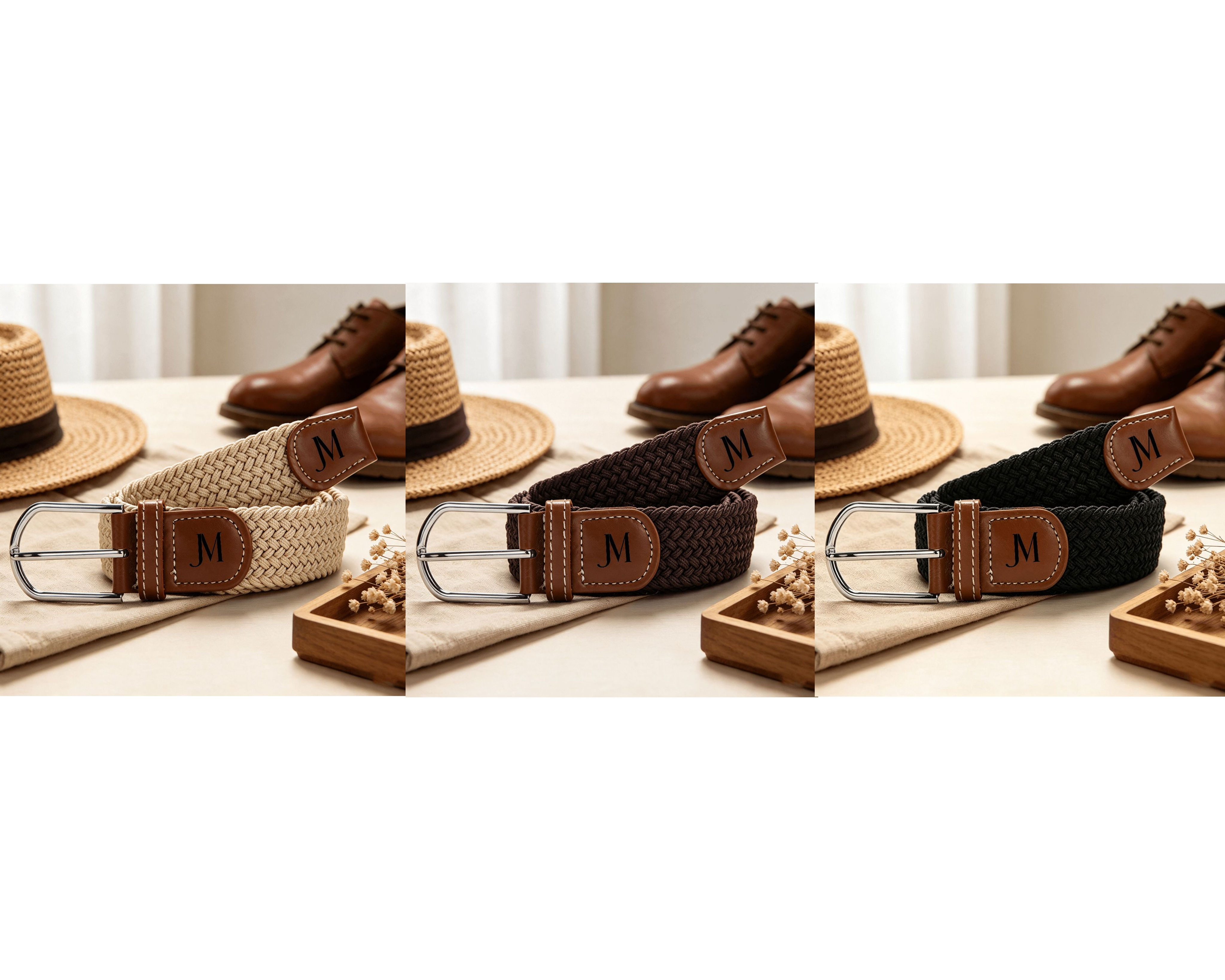 MEN'S JM LOGO PRINT STRETCH ELASTIC & VEGAN LEATHER BRAIDED WOVEN BELTS