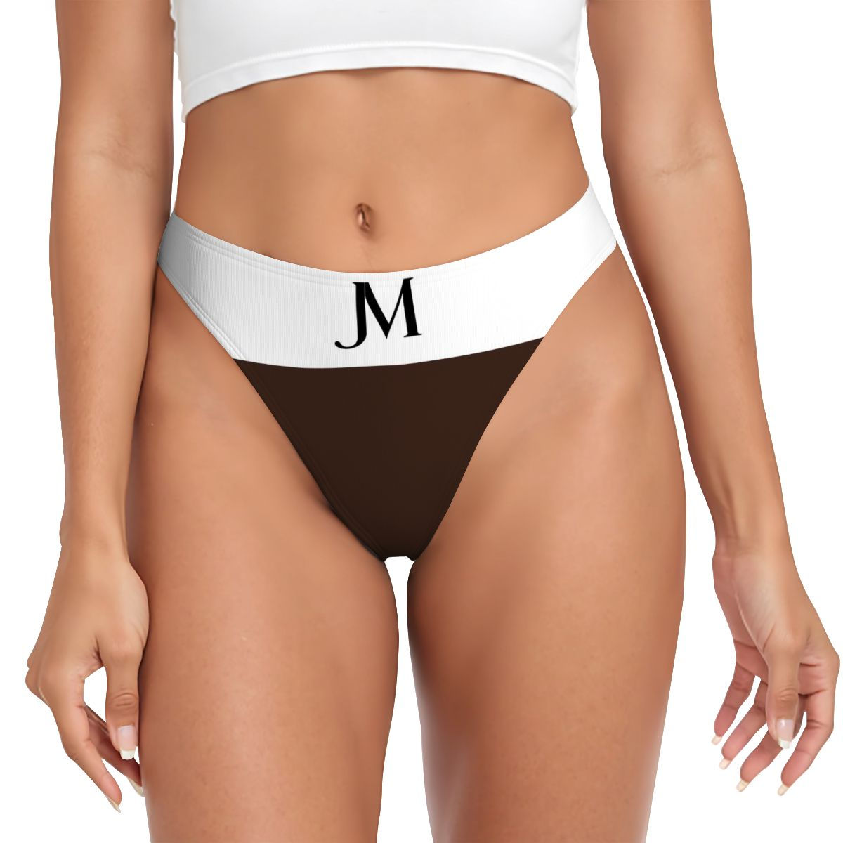 WOMEN'S JM LOGO PRINT THONG // Nude Espresso Shot, White & Black
