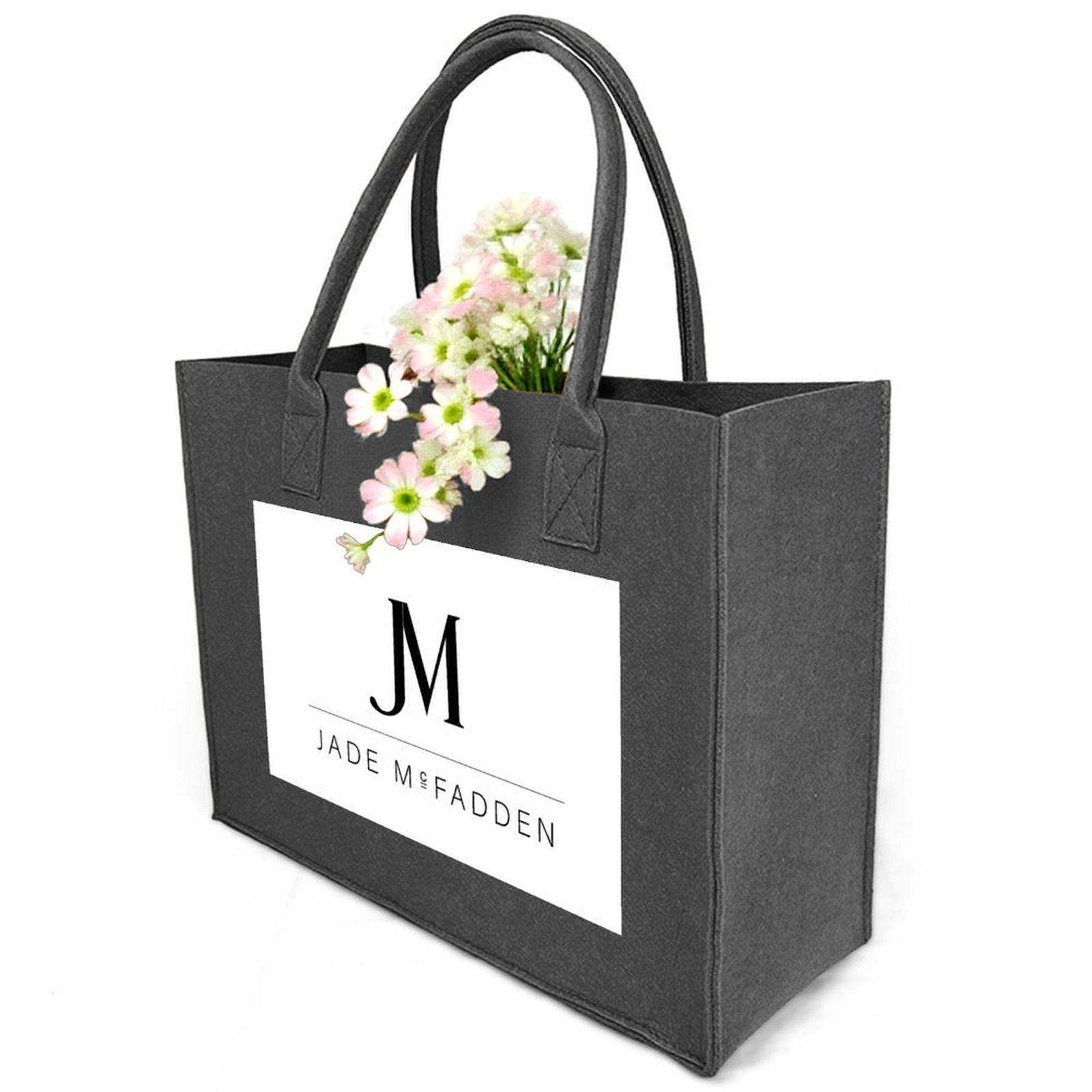 JM COMPANY LOGO PRINT MULTIPURPOSE FELT TOTE BAG // Dark Grey, White & Black