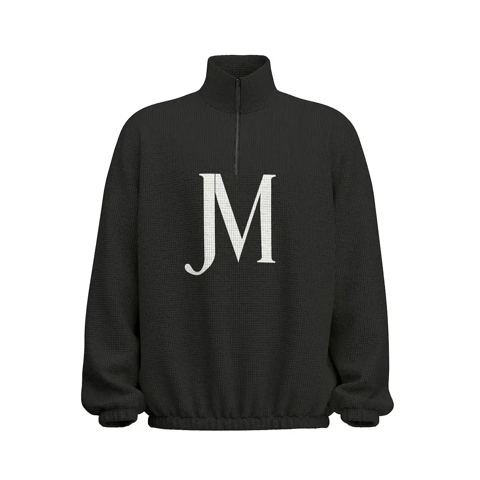 JM LOGO UNISEX TURTLENECK ZIPPERED WAFFLE TEXTURED SWEATSHIRT // Black & White
