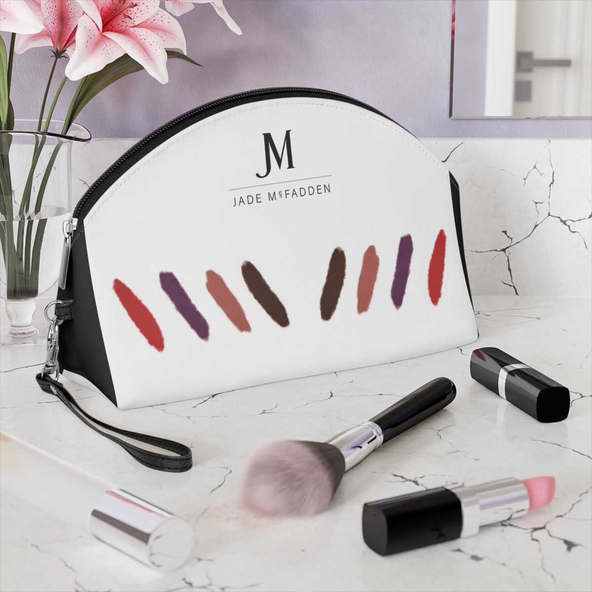 JM COMPANY LOGO LIPSTICK SWATCH PRINT VEGAN LEATHER COSMETIC BAG // Multicolored