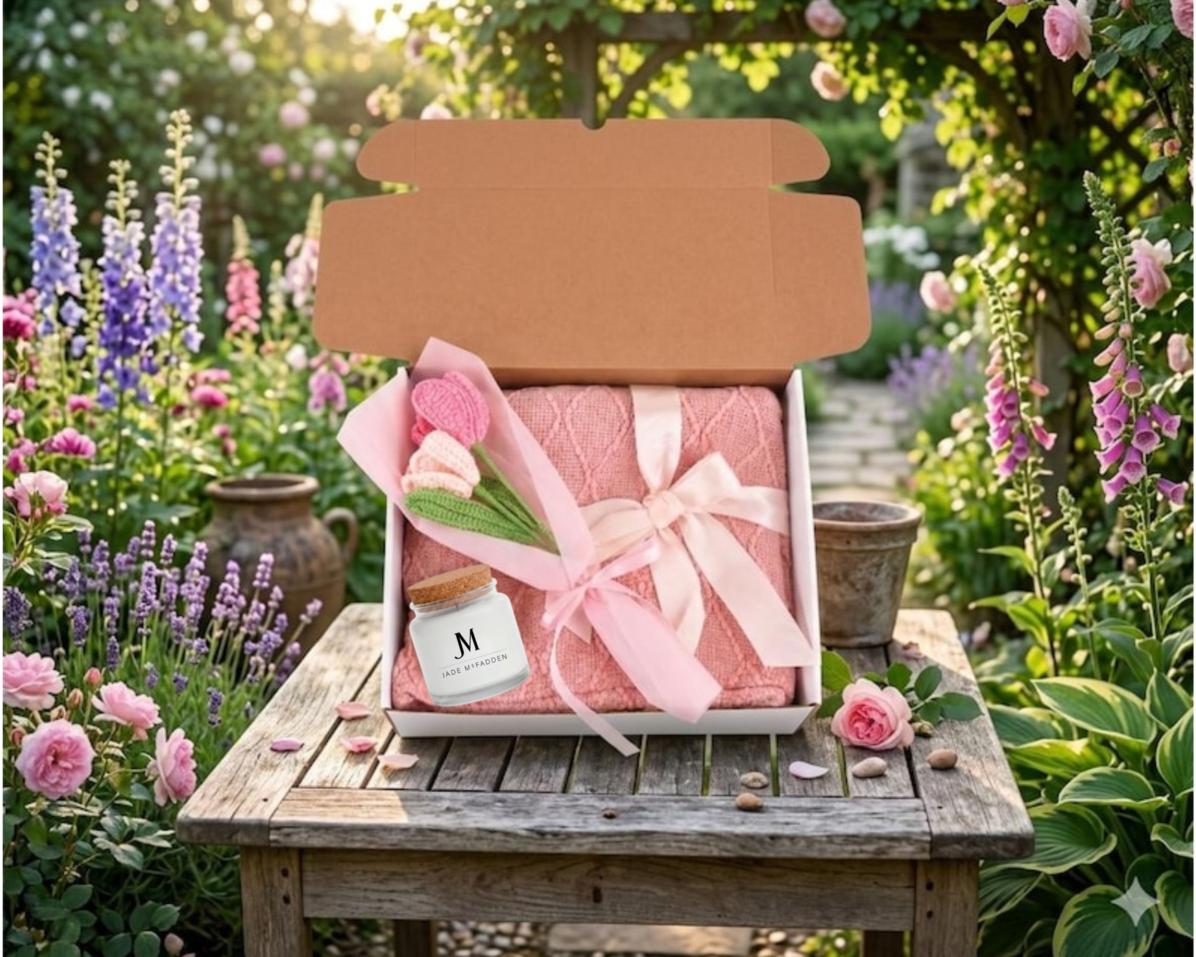 4-PIECE BLUSH & BLOOM GIFT SET (CANDLE, BLANKET, CROCHET BOUQUET & BOW CLIP)