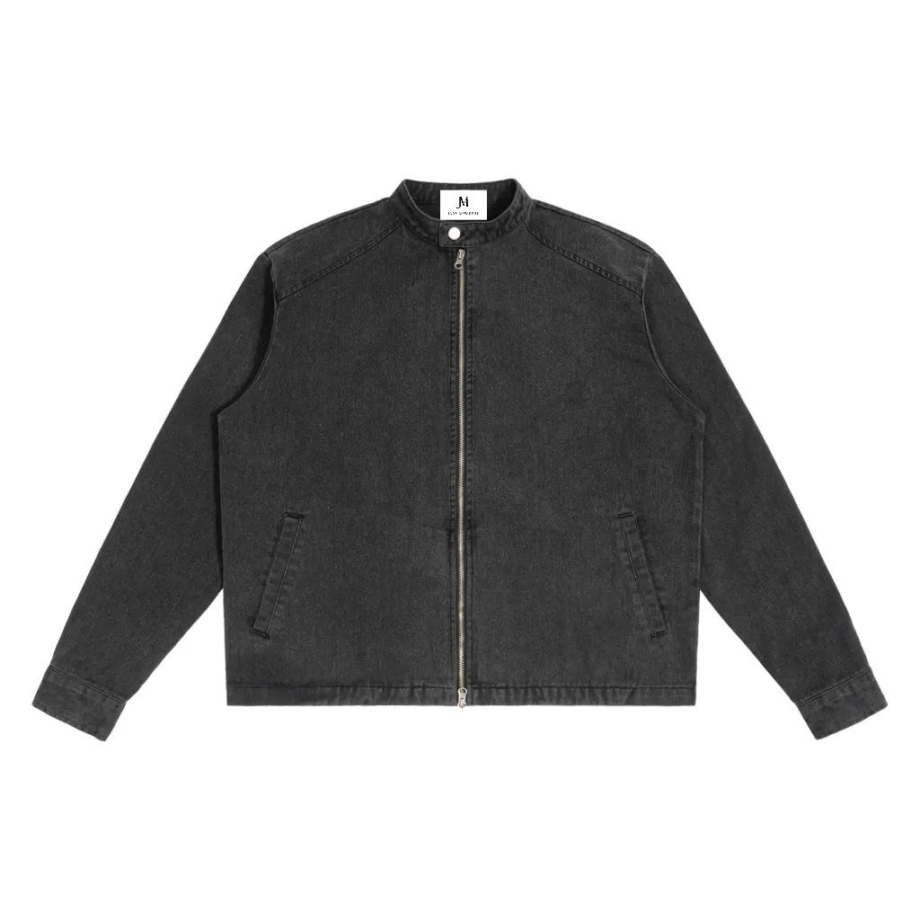 MEN'S DENIM VINTAGE WASHED STAND COLLAR ZIP-UP JACKET // Black & Silver