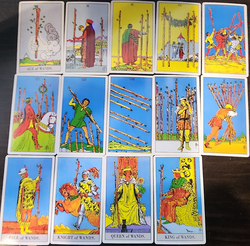 An arrangement of all the Wands suit tarot cards, organized into three rows. The top two rows comprise 5 cards each, featuring the Ace of Wands through 5 of Wands, with each card displaying dynamic representations of wands and fiery energy. The bottom row introduces the court cards, including the Page of Wands, Knight of Wands, Queen of Wands, and King of Wands, representing individuals with strong willpower and enthusiasm. The imagery and symbolism encourage exploration of motivation, action, and creativity.