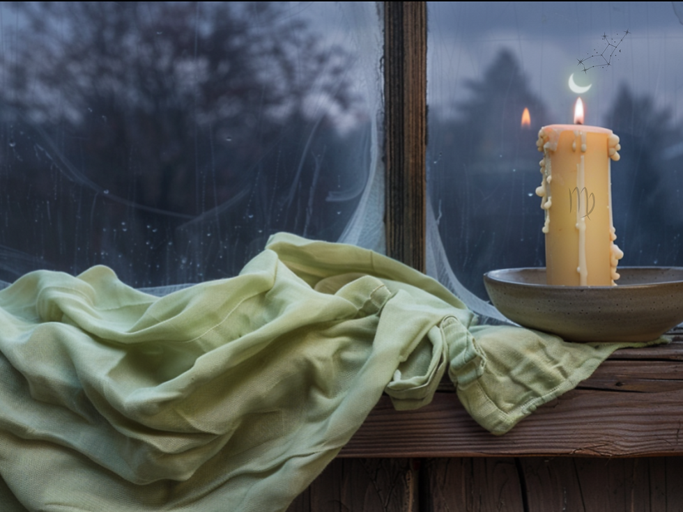 A lit candle with wax drips and Virgo symbol on a windowsill, next to a green cloth. Twilight view of trees outside, crescent moon visible.