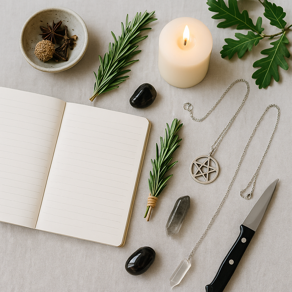 Open notebook, rosemary, stones, candle, pentacle necklace, and knife on a light surface. Calm and mystical atmosphere.