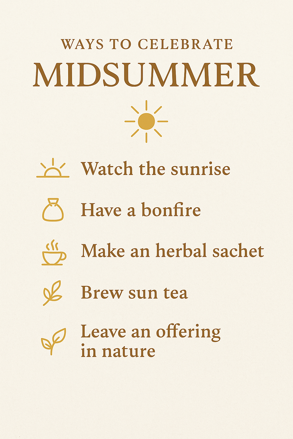 Text reads "Ways to Celebrate Midsummer" with suggestions like watching sunrise, having a bonfire. Icons accompany each item on a beige background.