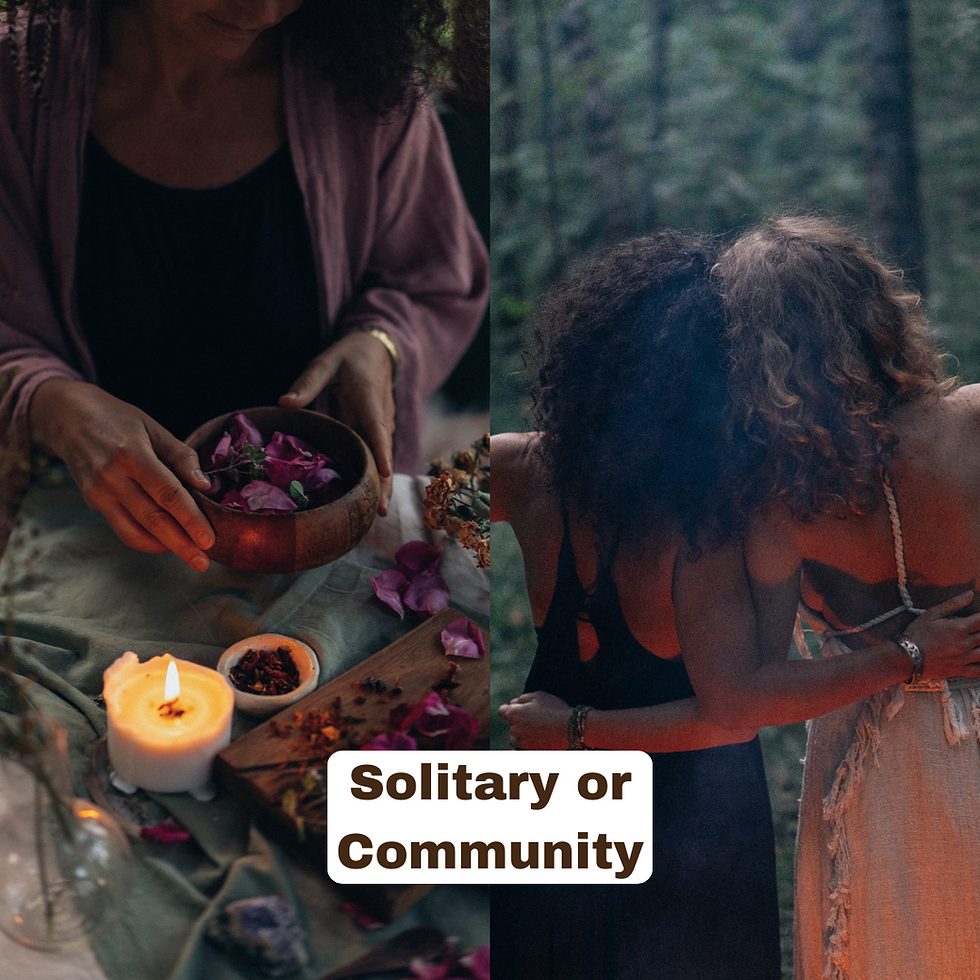 Two-part image split: Left shows hands arranging petals with a candle; right depicts two people embracing in a forest. Text: "Solitary or Community".