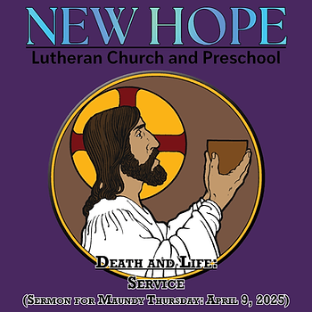 Jesus holding a cup on a purple background with text "New Hope Lutheran Church and Preschool" and service details.