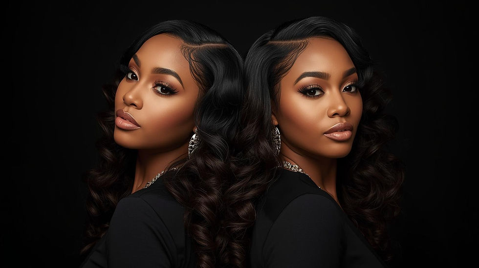 two beautiful, classy Black businesswoman with a round face, glamorous makeup including lo