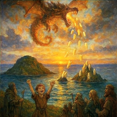According to folklore from the Shetland Islands and the Orkneys, those islands were formed by teeth falling from the mouth of an exploding dragon.