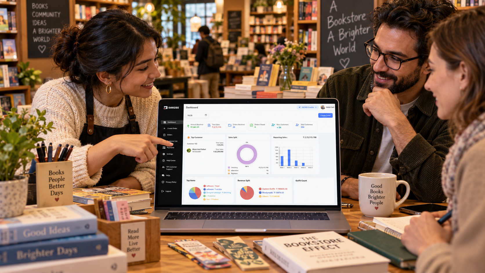Illustrative scene of bookstore staff reviewing the Darzee sales dashboard on a laptop at their retail counter