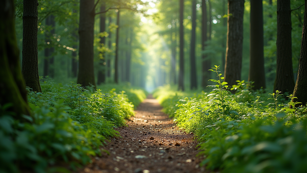 Wide angle view of a tranquil forest path surrounded by trees