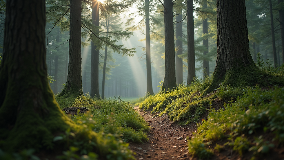 Wide angle view of tranquil forest landscape
