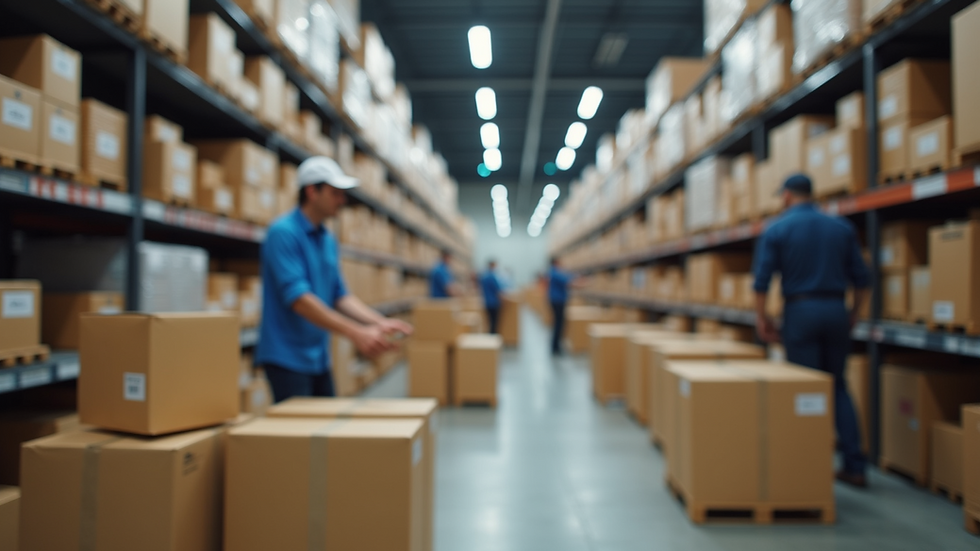 Eye-level view of a fulfillment center with workers packing orders