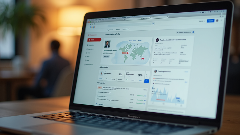 Eye-level view of a laptop screen showing a Google Business Profile dashboard