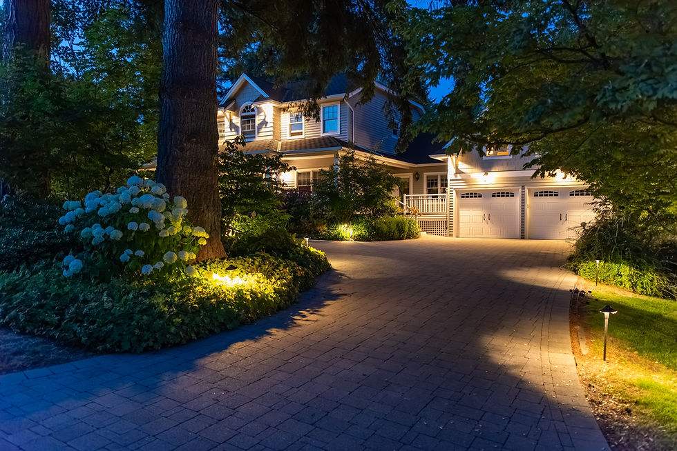 Illuminated suburban house at dusk with a paved driveway, blue hydrangeas, tall trees, and warm porch and garden lights.