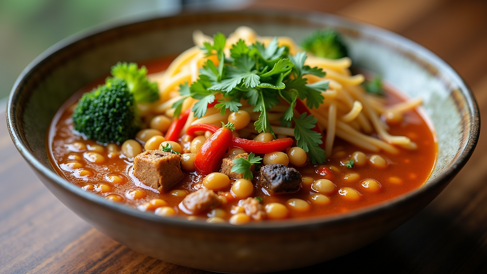 Close-up of colorful lentil and vegetable stew in a bowl