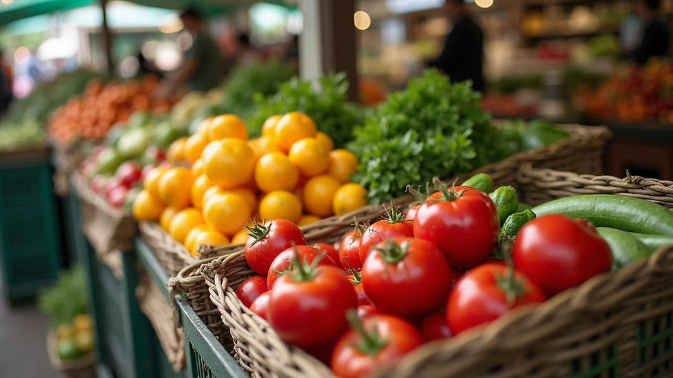 High angle view of a farmer's market with fresh produce