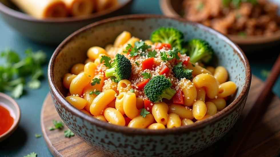 High angle view of vegan mac and cheese served in a rustic bowl