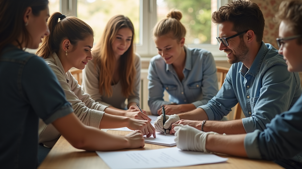 Close-up view of a team collaborating during a community service project