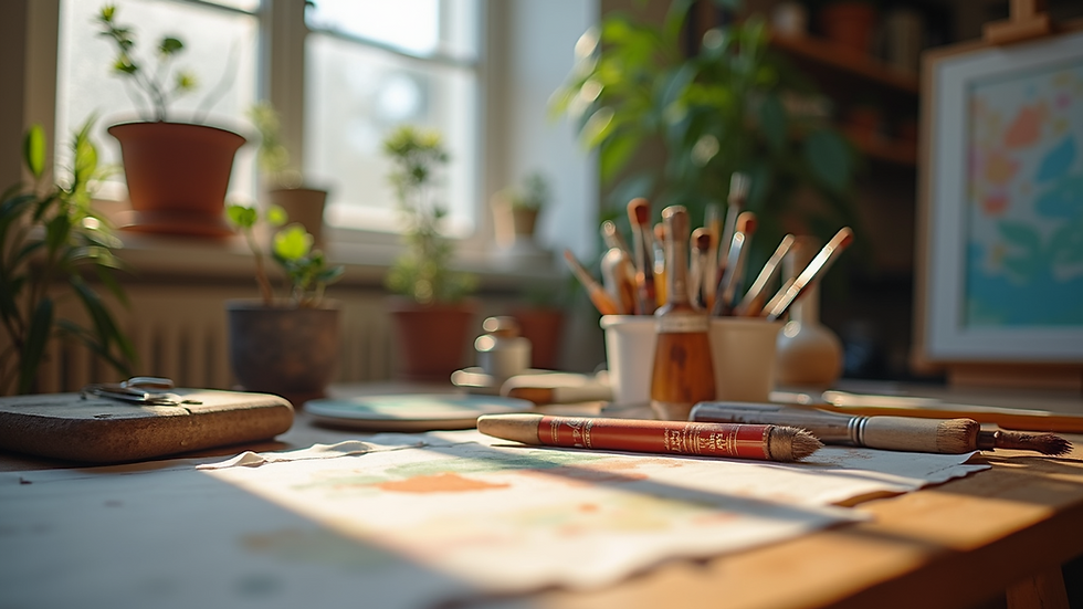 Eye-level view of a creative workspace set up for a painting class