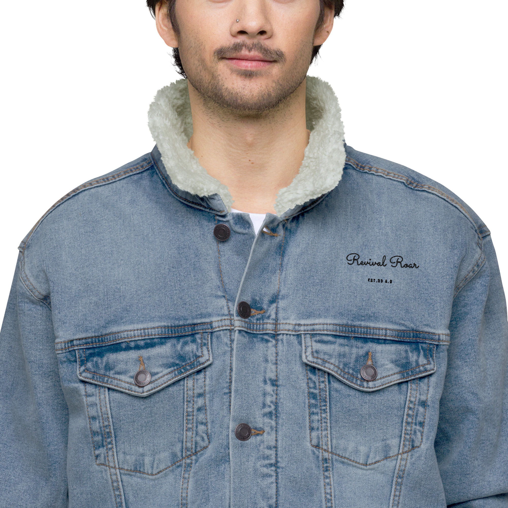 Unisex denim sherpa jacket_Revival Roar_Amos 3:8_Lion of Judah