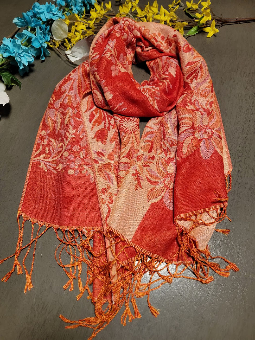 Leaf Design Pashmina Scarf- Orange