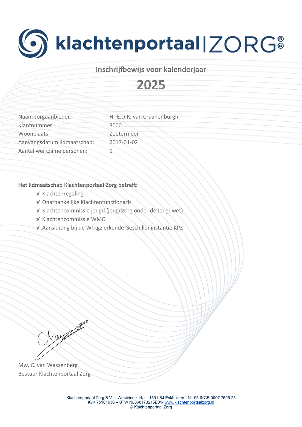 2025 Inschrijfbewijs Klachtenportaal Zorg