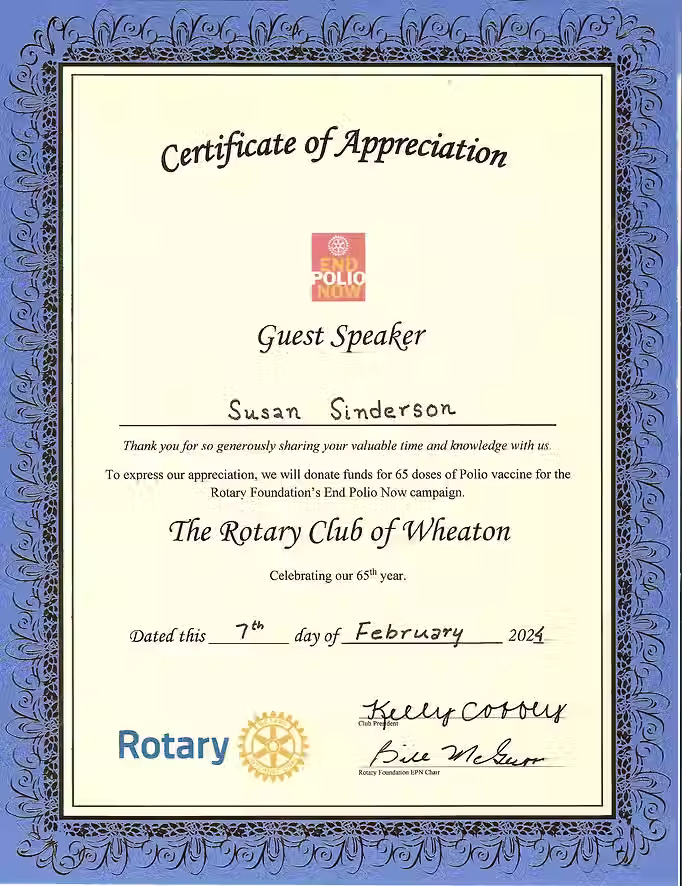 Rotary club of Westmont 2024 Certificate of Appreciation