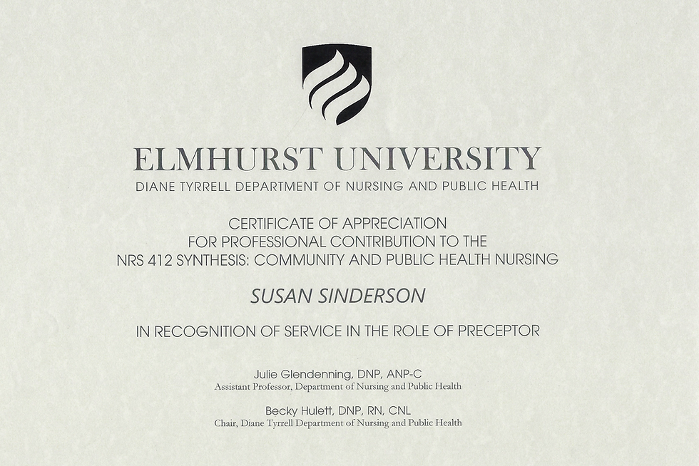 Elmhurst University certificate for Susan Sinderson.