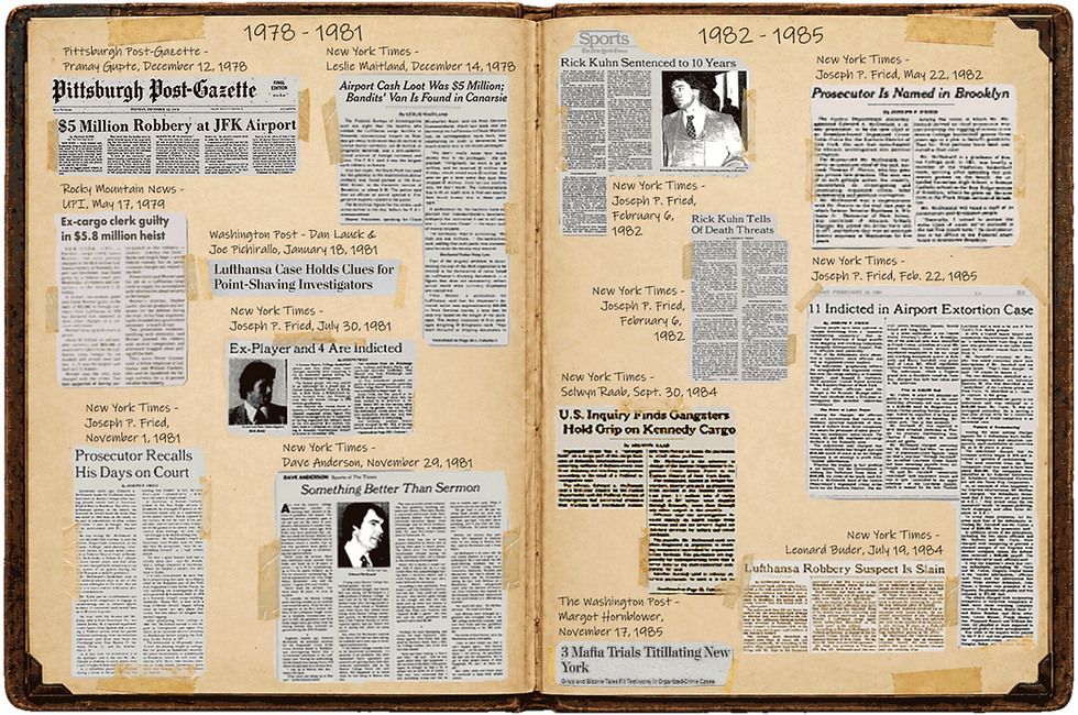 Two-page scrapbook of newspaper coverage of Edward McDonald’s cases and career