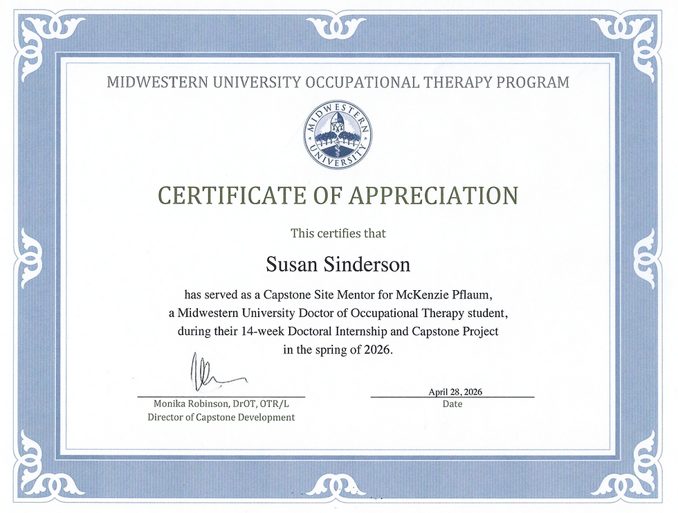 Susan Sinderson's Certificate of Appreciation from Midwestern University.