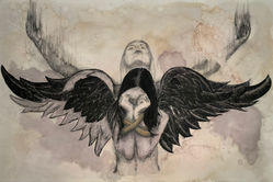 A surreal figure with large black wings kneels in the foreground, her head bowd and her arms bound with a rope across her chest. Behind her, a second, pale figure rises upward with arms outstretched, as if emerging from or lifting above her. Soft, muted tones and textured stains form an ethereal, cloudy background.