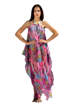 Pink Mix Silk Dress with Crystals Necklace