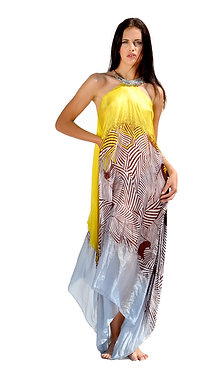 Yellow Mix Silk Dress with  knited Crystals Necklace