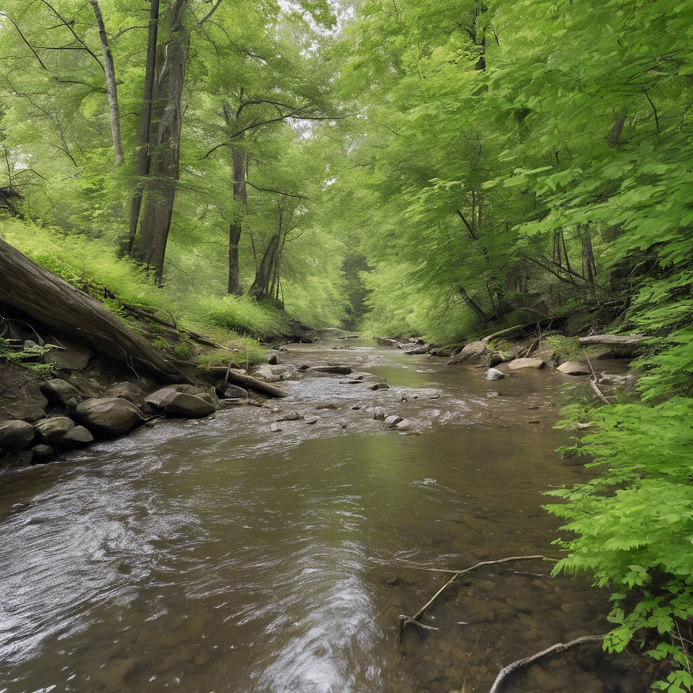 Small, urban creek surrounded by green trees with one, low grade elevation change. Photo t