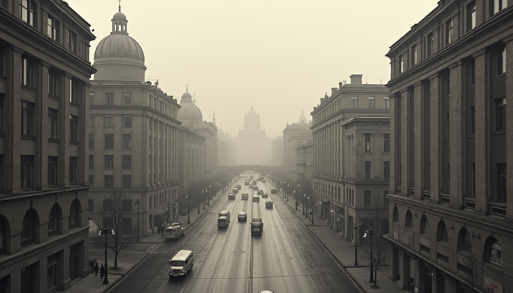 Vista panorâmica de Berlim na década de 1930 com prédios históricos e ruas movimentadas