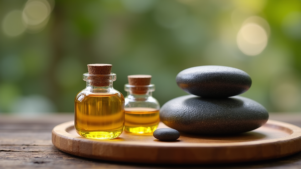 Close-up view of massage oils and spa stones arranged on a wooden tray