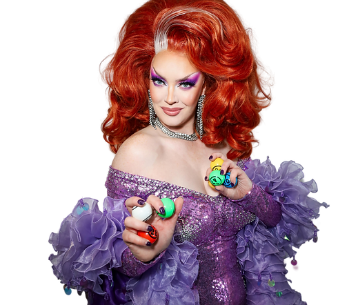 Ginger Phlappage drag performer wearing a purple sparkly dress, ruffle boa and carrying bingo balls