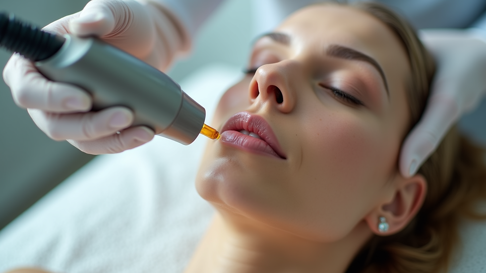 Close-up view of a Hydrafacial machine nozzle delivering serum to skin