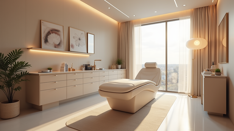 Eye-level view of a modern beauty clinic treatment room with a reclining chair
