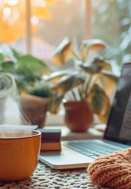Cozy teletherapy setup with laptop for virtual counseling sessions.