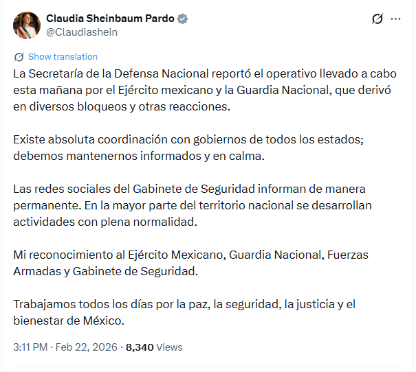 Claudia Sheinbaum Pardo emitió una publicación con la siguiente información: