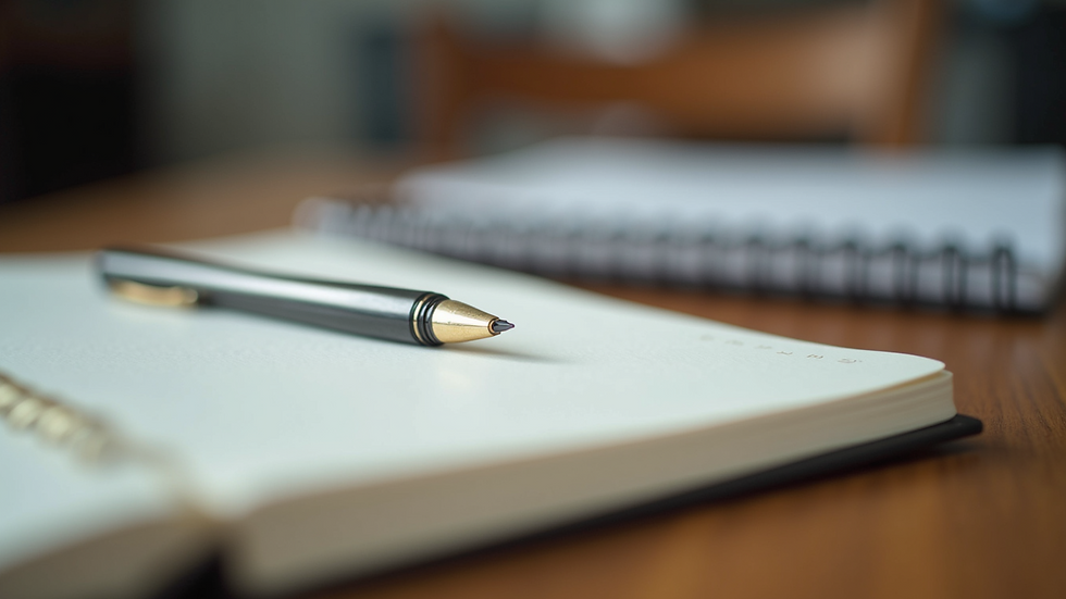 Close-up view of a journal and pen on a wooden desk