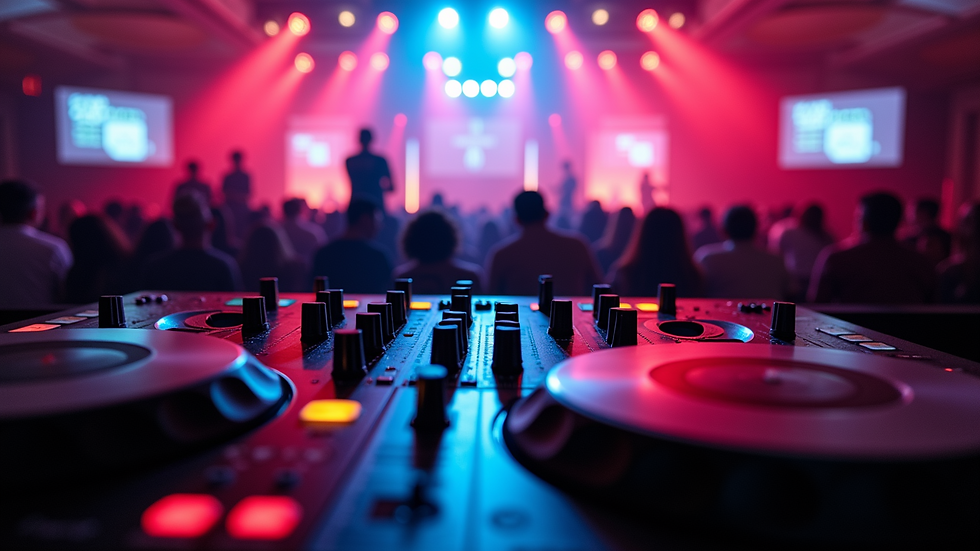 Eye-level view of DJ booth with colorful lights at a corporate event