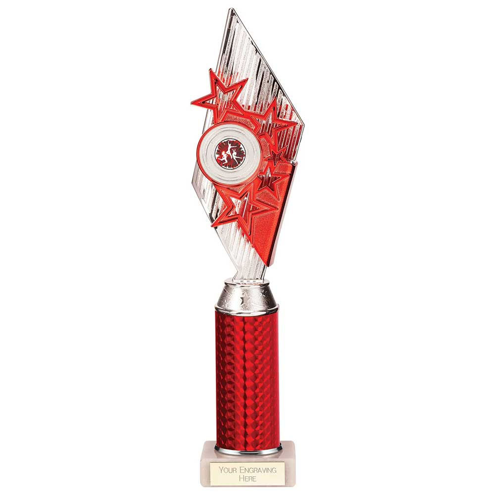 Pizzazz Plastic Tube Trophy Silver & Red 375mm