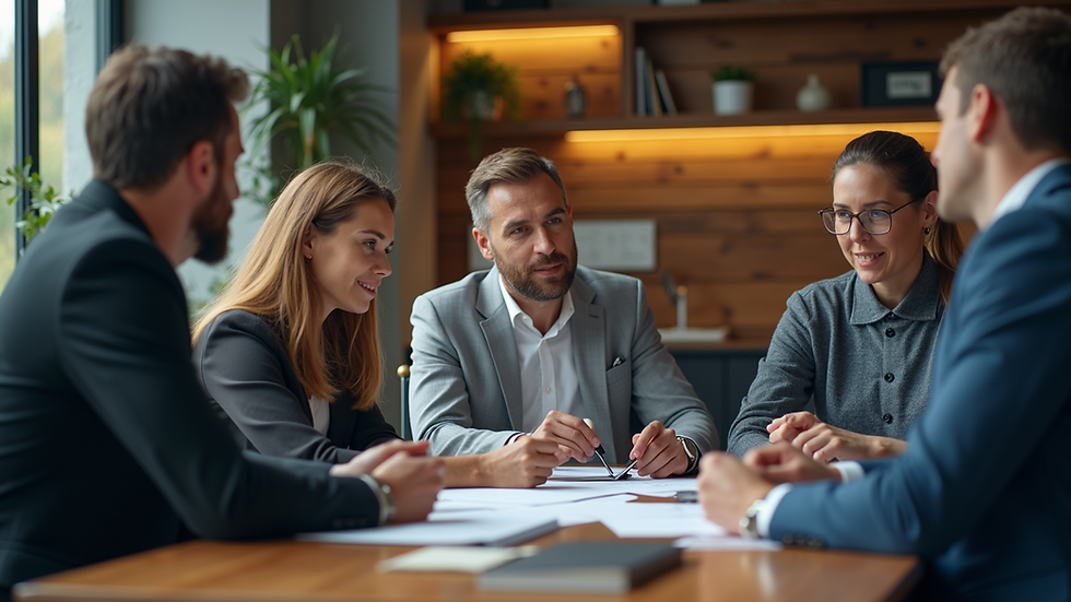 Eye-level view of a professional PR team brainstorming ideas