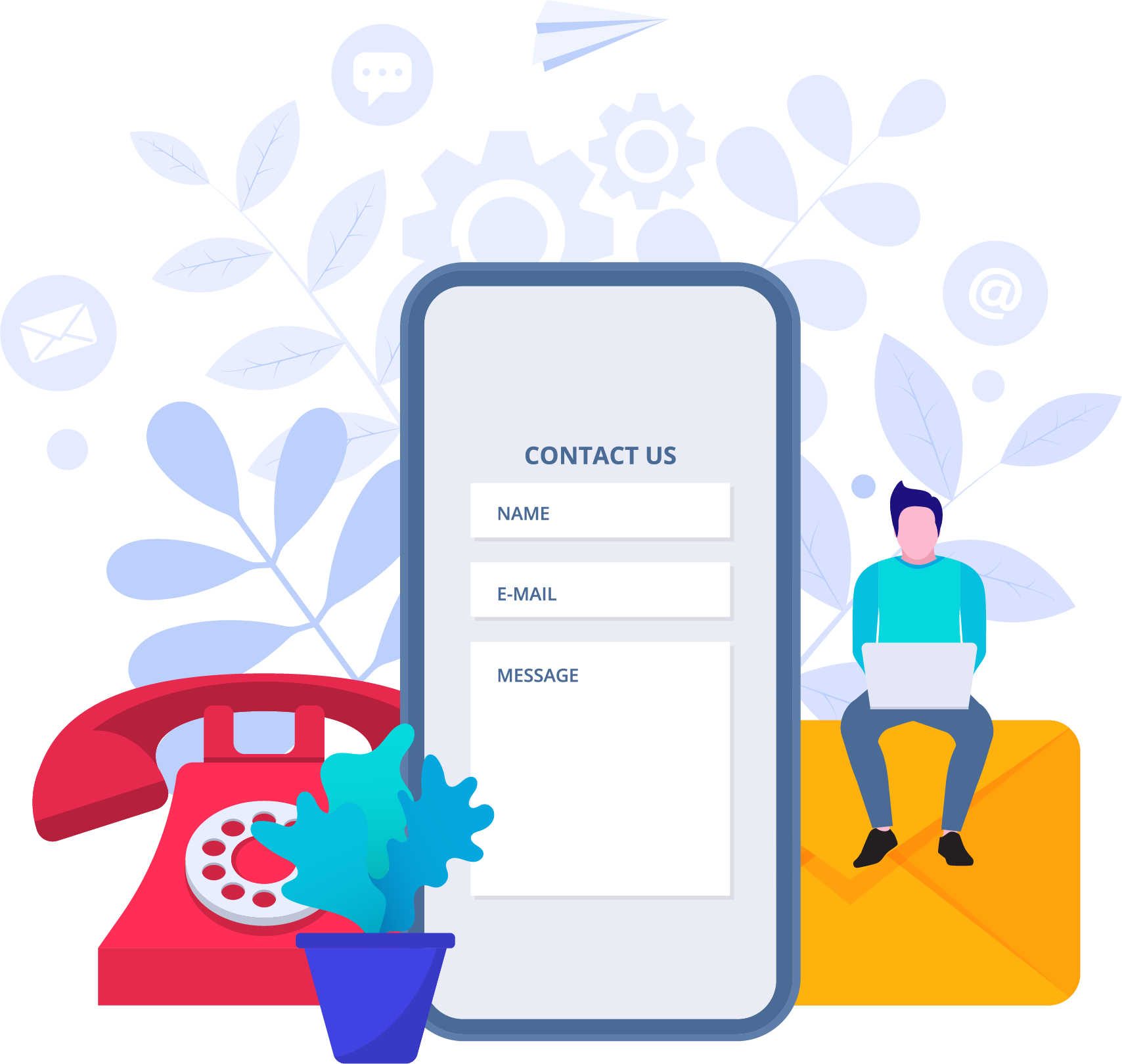 Image of a cell phone with illustrations around it.